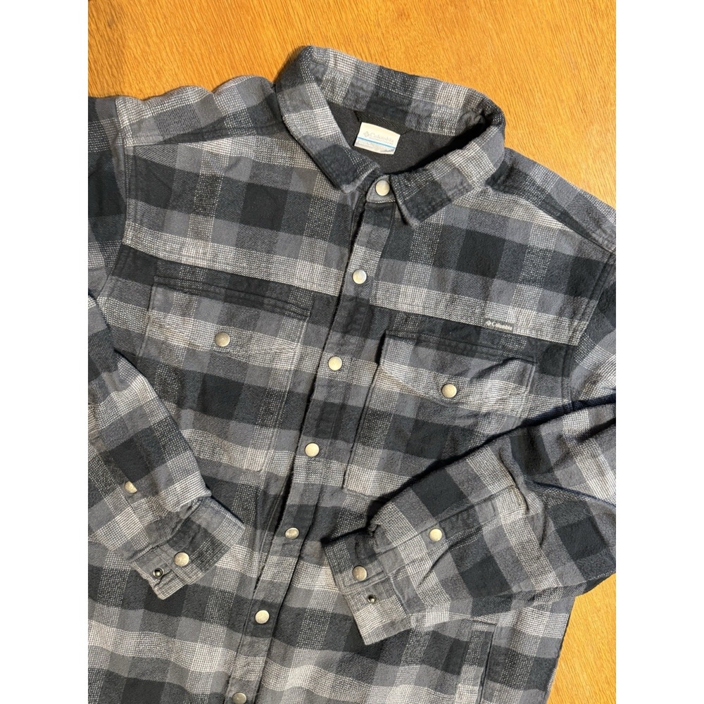 Columbia Sportswear Gray Plaid Flannel Shacket Jacket XL Cotton Snap Front